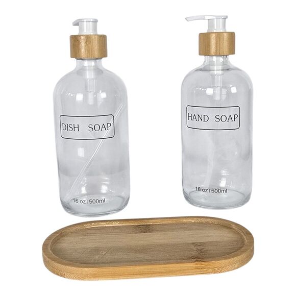 Diseya Other - Hand And Dish Soap Dispenser 2 Glsss Set With Bamboo Tray Kitchen or Laundry